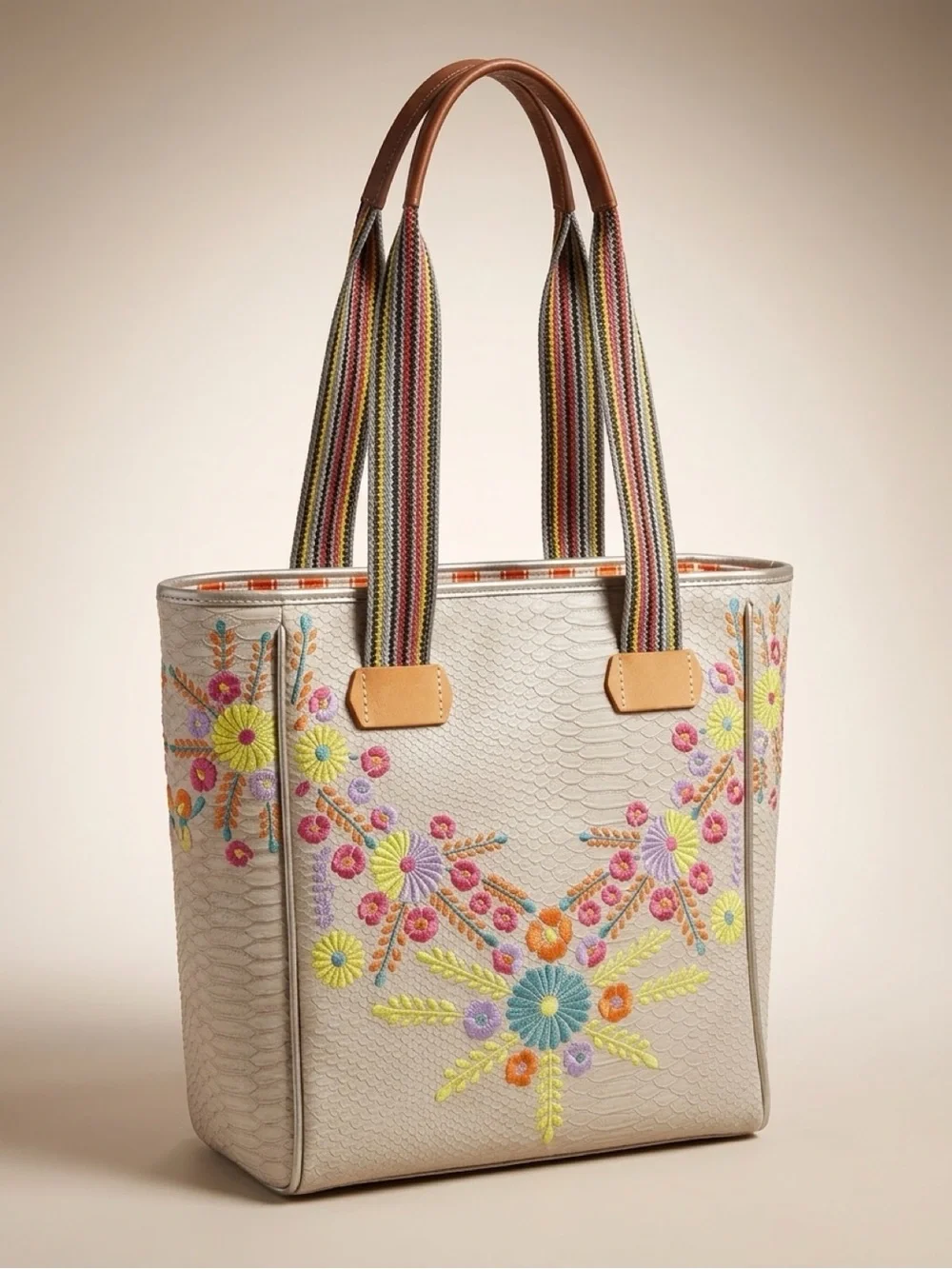 Consuela Neutral Embroidered Tote Chica with Multicolor Floral Accents